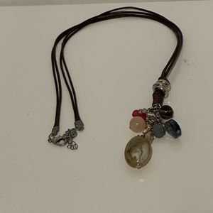 C 1946 Lariat Brown Corded Necklace with Beads and Stones